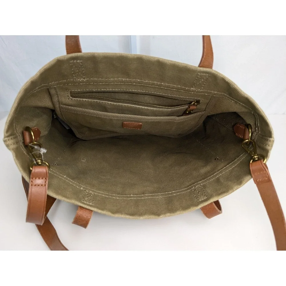 Madewell Canvas Leather Tote Bag Green Utility School Grocery Granola Beach - Picture 6 of 10